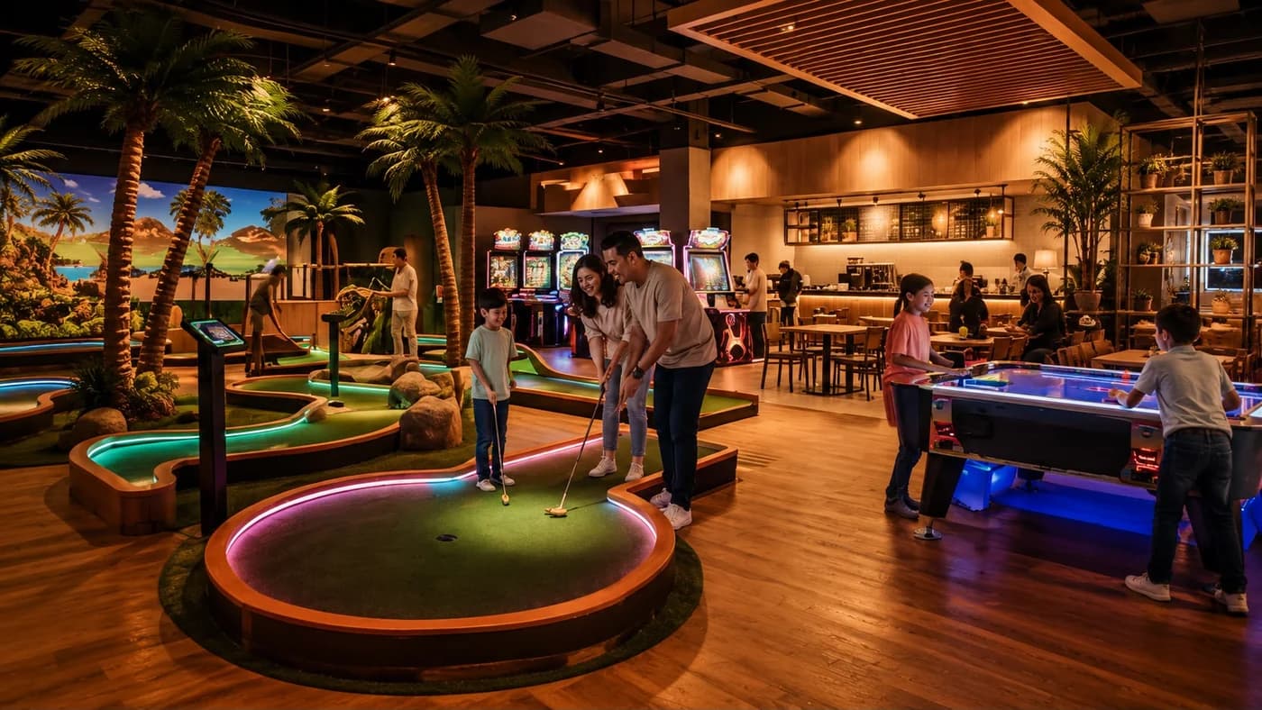 Concepto de centro de entretenimiento familiar con mini golf, air hockey, arcade y zona de café.