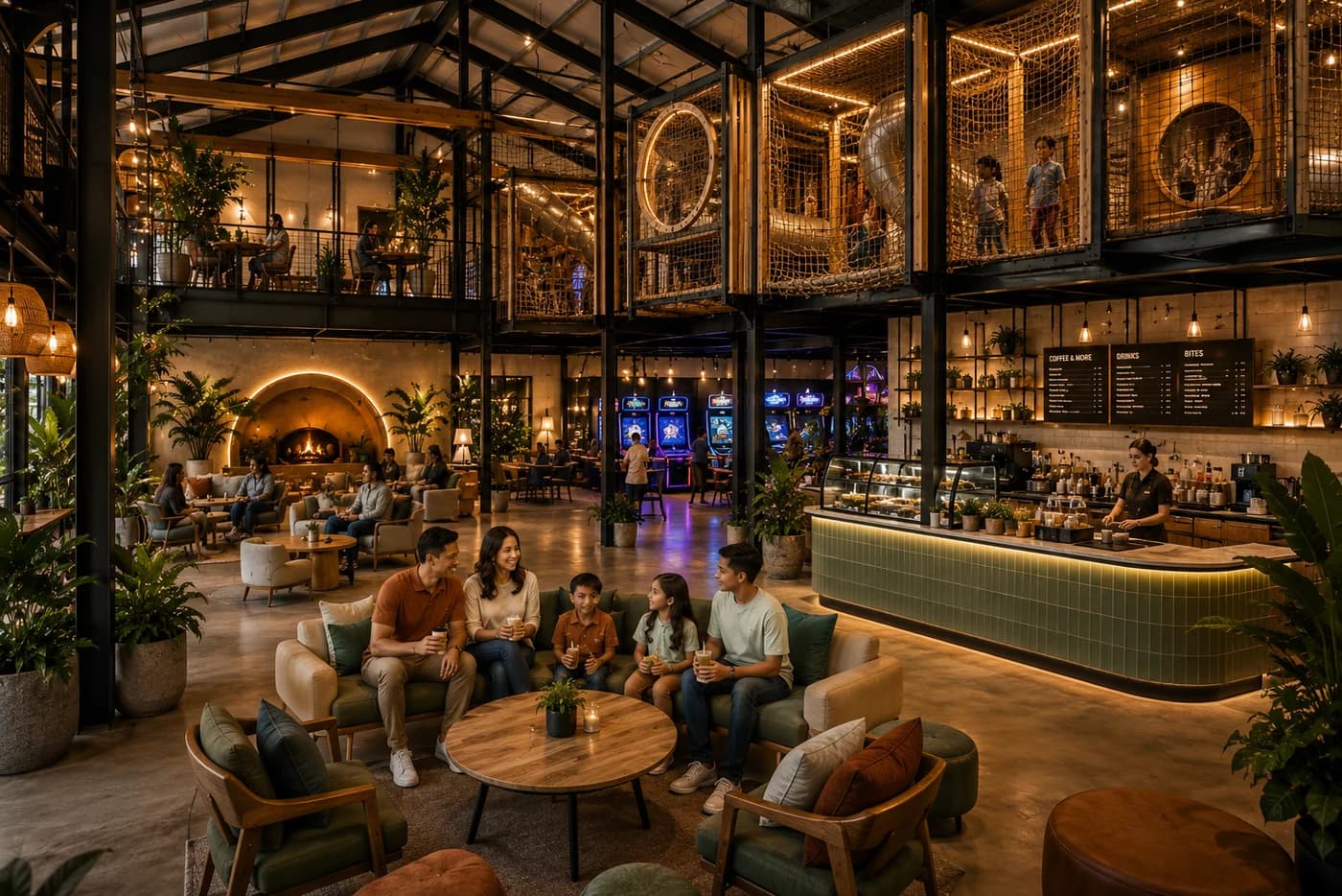 Concepto de hospitalidad familiar con actividad infantil integrada, lounge y café.
