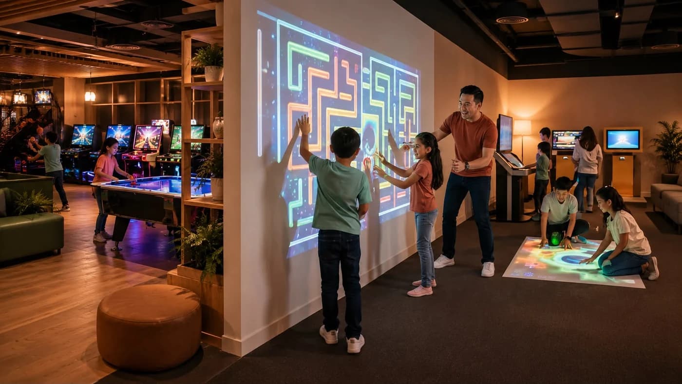 Familias interactuando con una pared y un suelo digital en un entorno conceptual de entretenimiento.