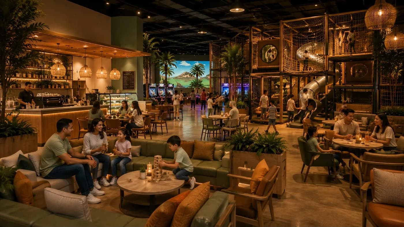 Entorno conceptual de entretenimiento familiar con zonas de café, lounge, juego y actividad.