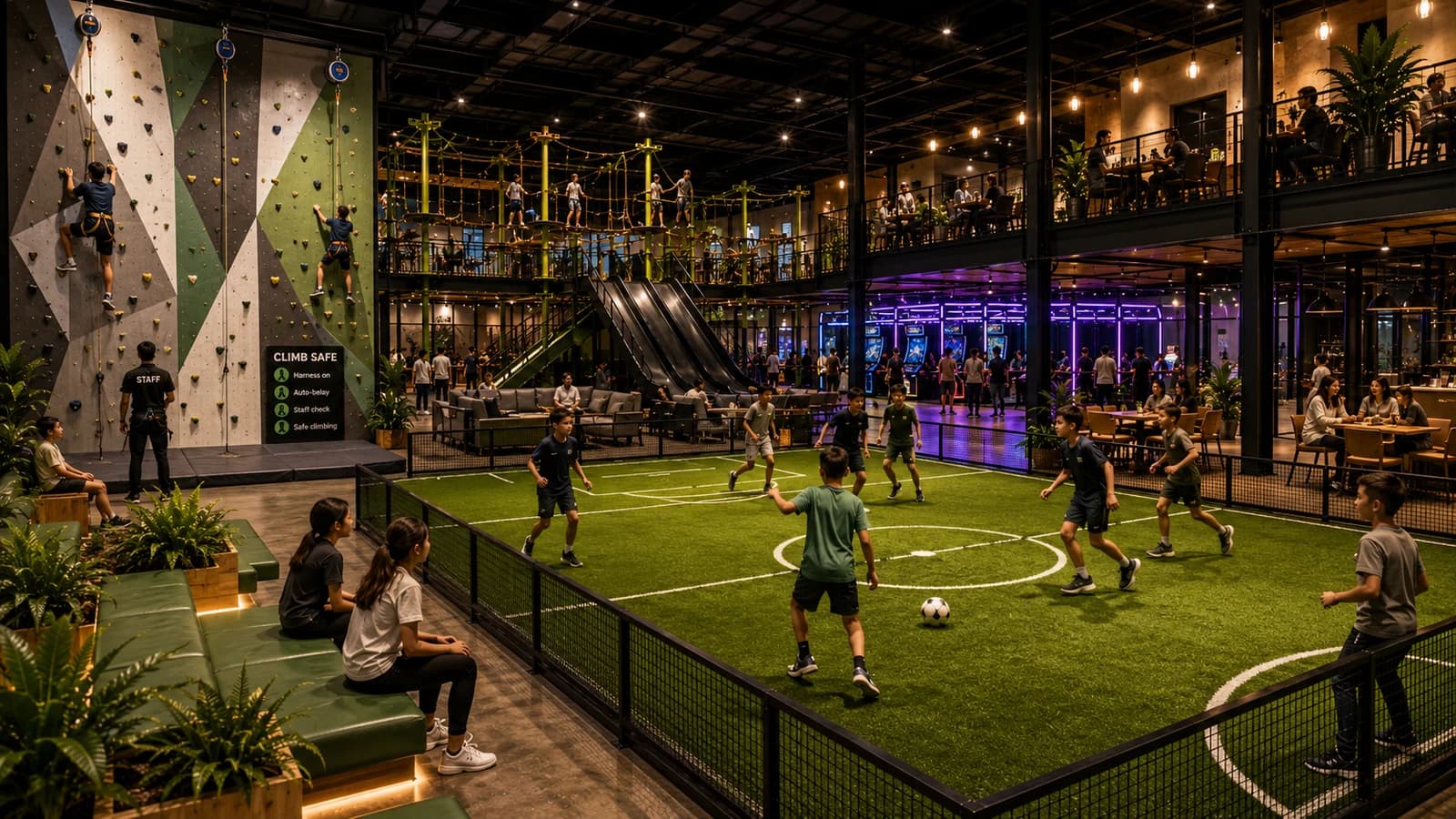 Amplio entorno conceptual de entretenimiento familiar con fútbol indoor, escalada, retos activos, espacios de espectadores y hospitalidad.